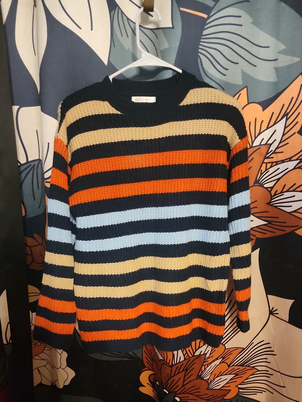 Striped Knit Crewneck Sweater - Navy, Orange, Cream, Light Blue